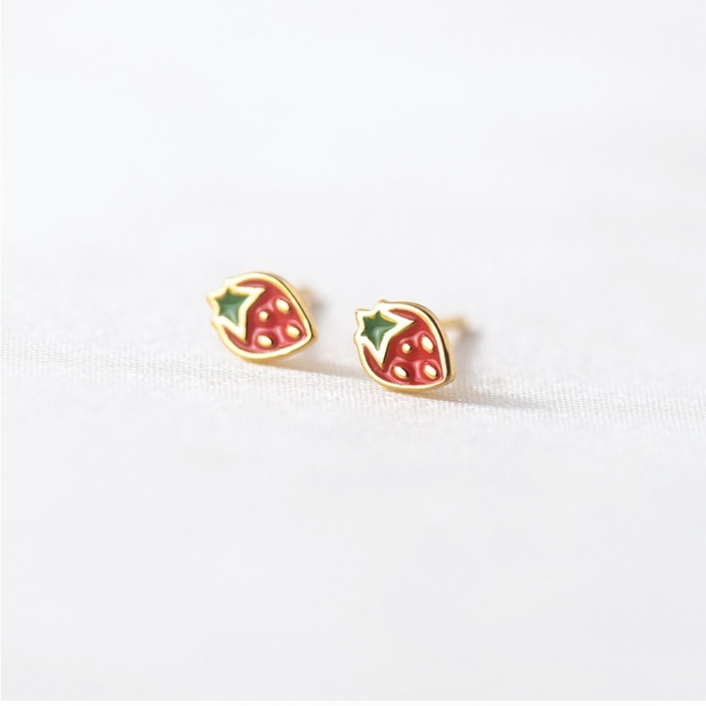 Gold Sterling Silver Strawberry Dainty Minimalist Stud Post Earrings - Picture 3 of 5